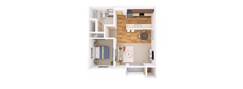 A top down view of a small apartment with a kitchen, living room, and bedroom.