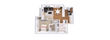 A top-down view of a small apartment with a kitchen, living room, and bathroom.