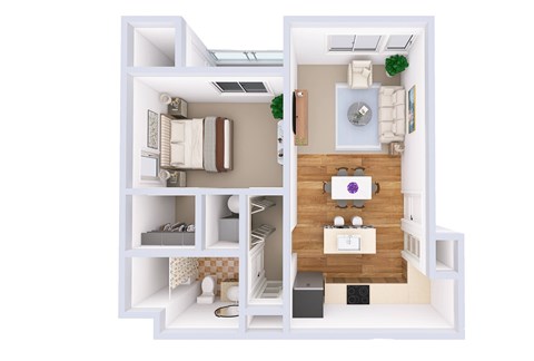 A 3D floor plan of a small apartment with a kitchen, living room, and bathroom.