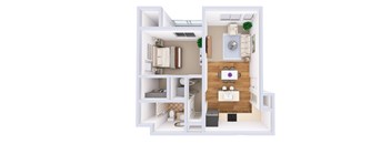 A 3D floor plan of a small apartment with a kitchen, living room, and bathroom.
