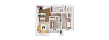 A top-down view of a small apartment layout with a kitchen, living room, and bathroom.