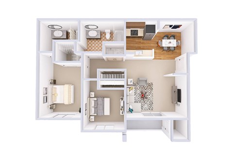 A white floor plan of a house with a kitchen, living room, and bathroom.