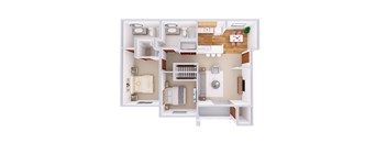 A white dollhouse with a kitchen, living room, and bathroom.