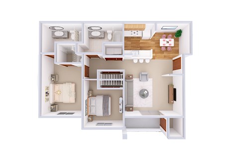 A white dollhouse with a kitchen, living room, and bathroom.