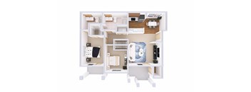 A white model of a house with a kitchen, living room, and bathroom.
