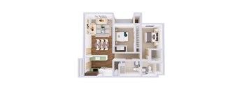 A white dollhouse with a kitchen, living room, and bedrooms.