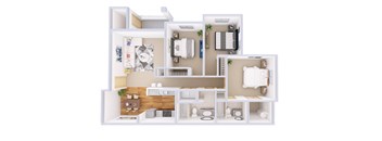 A white 3D floor plan of a house with furniture and appliances.