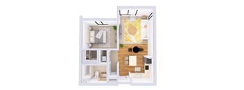 A white dollhouse with a yellow rug and a brown door.