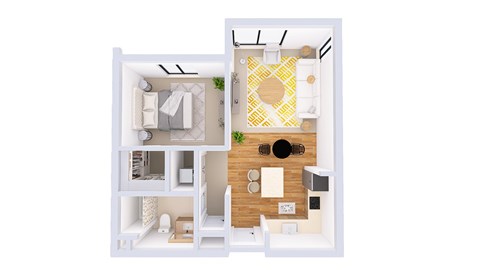 A white dollhouse with a yellow rug and a brown door.