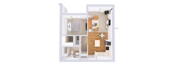 A white model of a house with a kitchen and living room.