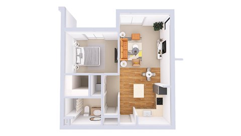 A white model of a house with a kitchen and living room.