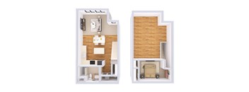 A cutaway diagram of a house showing the interior of a room with a kitchen and a bedroom.