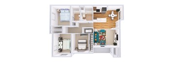 A top-down view of a small apartment with a bedroom, living room, kitchen, and bathroom.