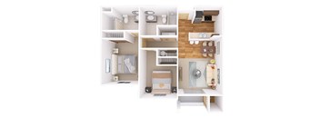 A white room with a bed, a desk, a chair, a shelf, a wardrobe, and a small table with a vase on it.