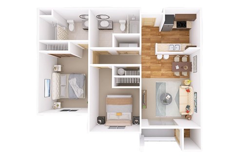 A white room with a bed, a desk, a chair, a shelf, a wardrobe, and a small table with a vase on it.