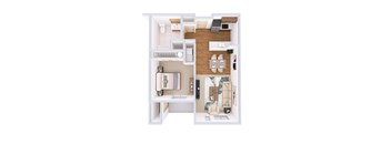 A white floor plan of a house with a kitchen, living room, and two bedrooms.