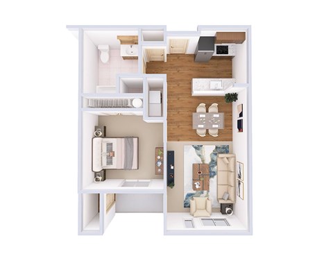 A white floor plan of a house with a kitchen, living room, and two bedrooms.