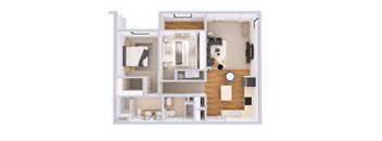 A white model of a house with a kitchen, living room, and bathroom.