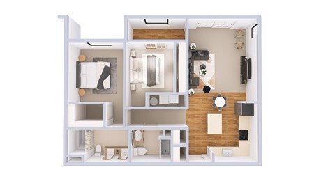 A white model of a house with a kitchen, living room, and bathroom.
