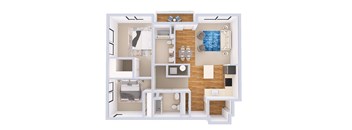 A 3D floor plan of a small apartment with a bedroom, living room, and kitchen.