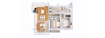 A 3D floor plan of a house showing a kitchen, living room, and two bedrooms.