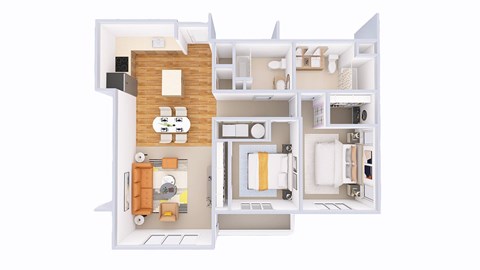 A 3D floor plan of a house showing a kitchen, living room, and two bedrooms.