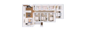A white floor plan of a house with a kitchen, living room, and bathroom.