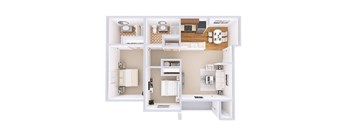 A white floor plan of a house with a kitchen, living room, and bathroom.