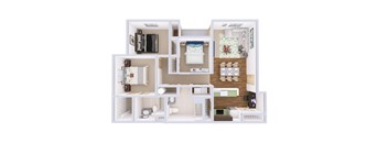 A 3D floor plan of a small apartment with a kitchen, living room, and bedroom.