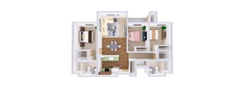 A 3D floor plan of a small apartment with a kitchen, living room, and bedroom.
