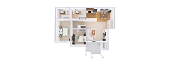 A top down view of a small apartment with a kitchen, living room, and two bedrooms.