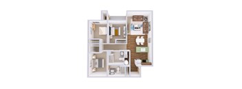 A 3D floor plan of a small apartment with a kitchen, living room, and bathroom.