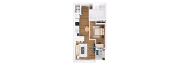 A floor plan of a room with a kitchen, living room, and bathroom.