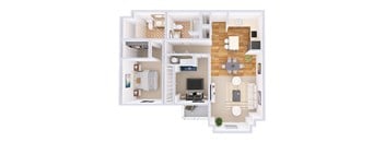 A top-down view of a small apartment with a kitchen, living room, and bedroom.