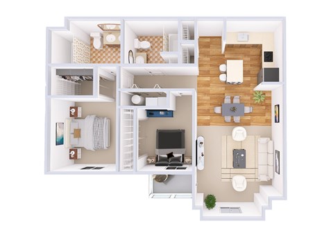 A top-down view of a small apartment with a kitchen, living room, and bedroom.