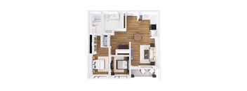 A top-down view of a living room with a couch, coffee table, and television.