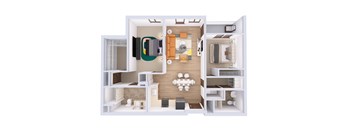 A 3D floor plan of a small apartment with a kitchen, living room, and bedroom.