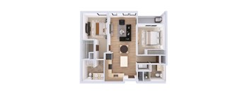A top-down view of a small apartment layout with a kitchen, living room, and bedroom.