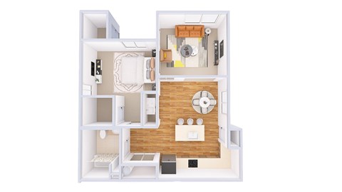 A floor plan of a small apartment with a kitchen, living room, and bathroom.