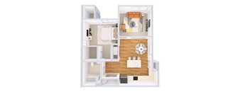 A floor plan of a small apartment with a kitchen, living room, and bathroom.