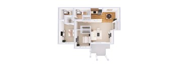 A white floor plan of a house with a kitchen, living room, and bathroom.