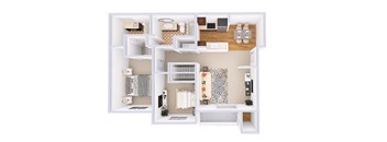 A white dollhouse with a kitchen, living room, and bedroom.