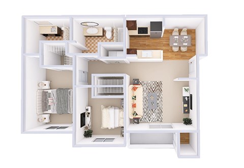 A white dollhouse with a kitchen, living room, and bedroom.