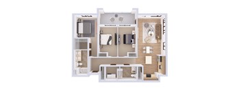 A 3D floor plan of a small apartment with a kitchen, living room, and bathroom.