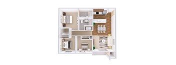 A white model of a house with a kitchen, living room, and bathroom.