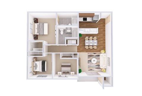 A white model of a house with a kitchen, living room, and bathroom.