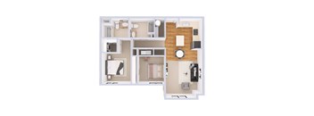 A floor plan of a house with a kitchen, living room, and two bedrooms.