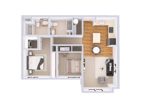 A floor plan of a house with a kitchen, living room, and two bedrooms.
