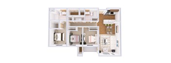 A white floor plan of a house with a kitchen, living room, and bathroom.