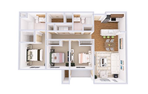 A white floor plan of a house with a kitchen, living room, and bathroom.